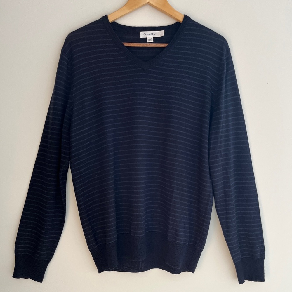 CALVIN KLEIN V Neck Pullover Merino Blend Sweater Stripes Preppy Casual Office